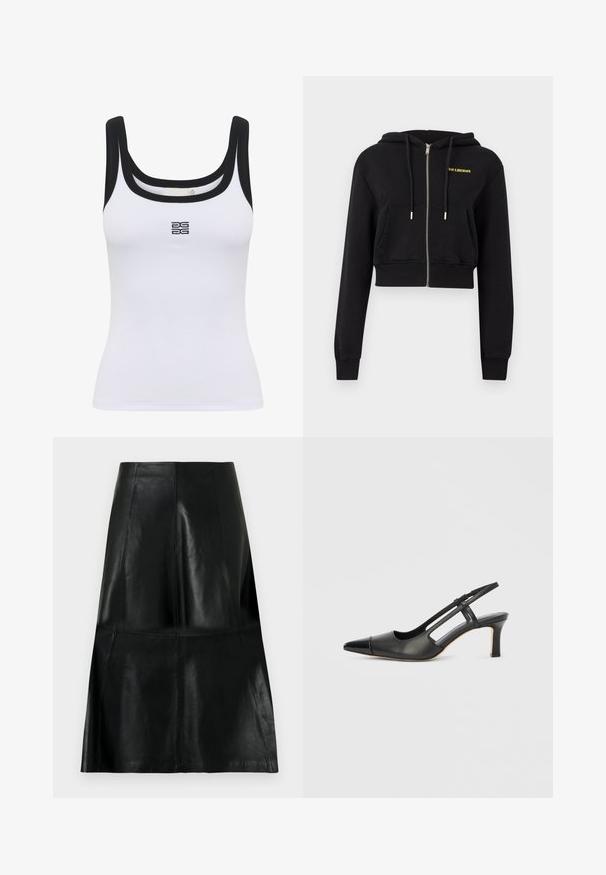Sort cropped hættetrøje med lynlås, forlommer, snore og lille gul "HAN KJØBENHAVN" tekst på venstre bryst.; Hvid ribbet tanktop med scoop halsudskæring og sort kant. Et logo er centreret på fronten. Stoffet ser blødt og tætsiddende ud.; Sort knælængde lædernederdel med syede lodrette og vandrette panel syninger, let udvidet for neden.; Sort læder slingback-sko med spids tå, der har en blank accent på tåhætten og en mellemhøj hæl. Åben sidesektion.