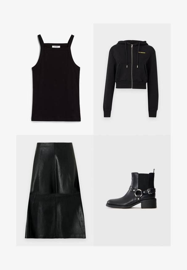 Schwarzer, kurzer Kapuzenpullover mit Reißverschluss, Fronttaschen, Kordelzügen und kleinem gelbem Schriftzug "HAN KJØBENHAVN" auf der linken Brust.; Schwarzes Tanktop mit dünnen Spaghetti-Trägern, aus geripptem Stoff, mit geradem Schnitt und einem Etikett am Hals, auf dem "IVY OAK" steht.; Schwarzer kniehoher Lederminirock mit vertikalen und horizontalen Nähten in Paneel-Optik, am Saum leicht ausgestellt.; Schwarze Leder-Ankle Boots mit seitlicher Schnalle und Ringdetail, elastischem Seitenpanel, niedrigem Blockabsatz und Zugschlaufe auf einfarbigem Hintergrund.