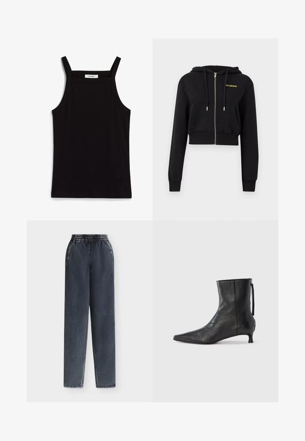 Zwarte, cropped hoodie met rits, voorzakken, trekkoorden en kleine gele tekst "HAN KJØBENHAVN" op de linkerborst.; Zwarte tanktop met dunne spaghettibandjes, gemaakt van ribstof, met een rechte snit en een label op de hals dat "IVY OAK" zegt.; Zwarte gewassen denim joggerbroek met elastische tailleband en zijzakken, plat getoond op een lichte achtergrond.; Zwarte leren enkellaars met een puntige neus, gestructureerde vorm en een lage hak. Voorzien van een zijrits en een minimalistisch ontwerp.