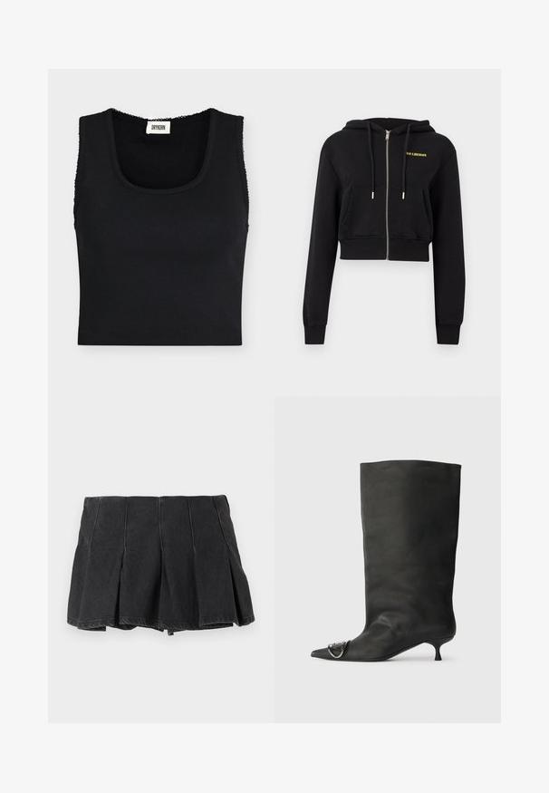 Sweat à capuche noir court avec fermeture éclair, poches avant, cordons de serrage et petit texte jaune « HAN KJØBENHAVN » sur le côté gauche de la poitrine.; Débardeur court côtelé noir avec larges bretelles et encolure carrée, avec une petite étiquette blanche de la marque Drykorn à l'intérieur du col.; Mini-jupe plissée noire avec détails de coutures visibles, en tissu denim, présentée sur un fond clair uni.; Bottines en cuir noir à bout pointu, petite talon et détail métallique sur le bout. Texture lisse et mate partout.
