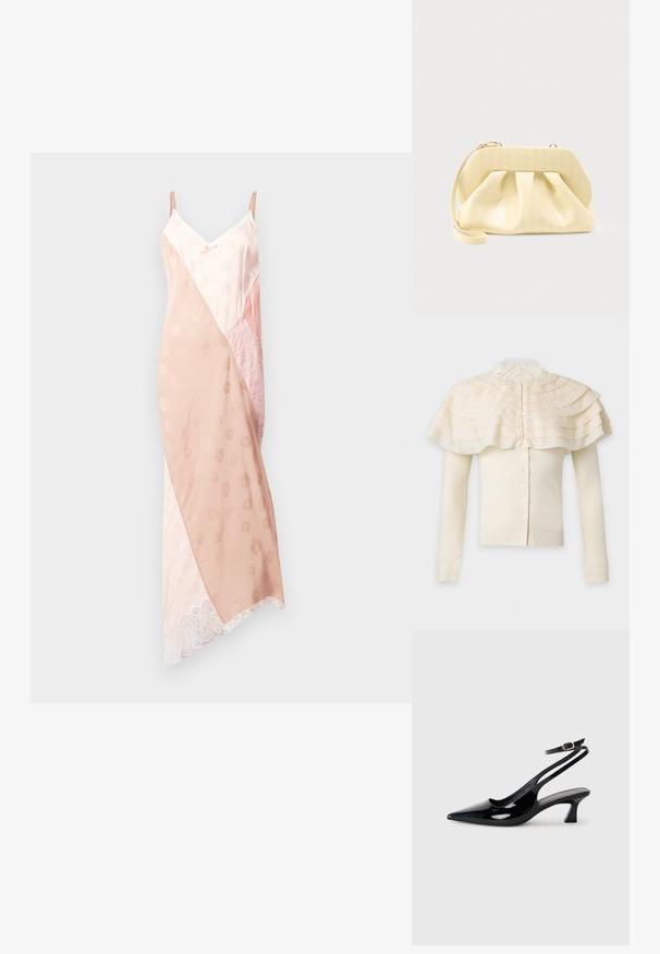 Cremefarbener Langarm-Cardigan mit Knopfleiste vorne und geschichtetem, gerafftem Umhangdetail um die Schultern sowie hohem Spitzenkragen.; Rosenquarz-Spaghetti-Top-Kleid mit verstellbaren Trägern, das eine Kombination aus glattem Satin und Spitzenstrukturen aufweist, ein diagonales Farbblockdesign und Spitzenbesatz.; Schwarze Lackleder Slingback-Absätze mit spitzem Schuhblatt, niedrigem Blockabsatz und verstellbarem Knöchelriemen mit goldener Schnalle.; Beige-farbene Leder-Clutch mit einem festen oberen Rahmen und einem Handgelenkriemen, präsentiert vor einem schlichten hellen Hintergrund.