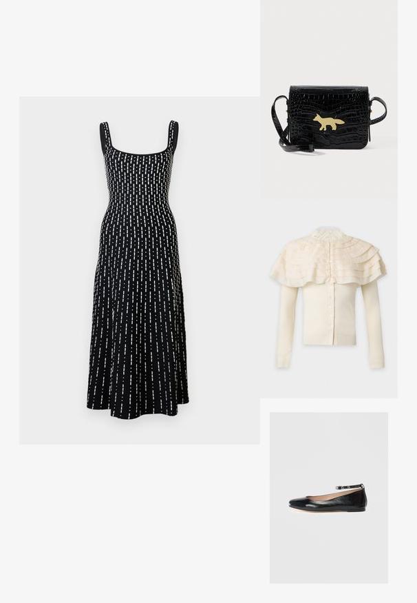 Cardigan crème à manches longues avec fermeture boutonnée et détail de cape à volants superposés autour des épaules et col haut en dentelle.; Robe midi noire sans manches avec encolure carrée et motif de lignes blanches en pointillés verticales réparties de manière uniforme.; Ballerines noires en cuir avec un bout rond, une bride à la cheville et un petit talon. Texture lisse et design minimaliste.; Sac bandoulière en cuir noir embossé effet peau de crocodile avec une longue sangle et une fermeture dorée en forme de renard sur le rabat avant.