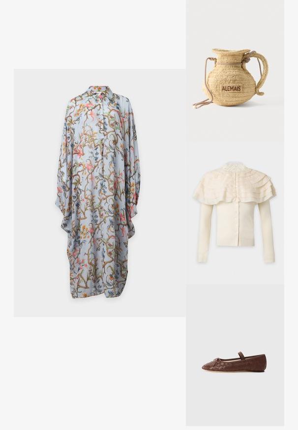 Cardigan crème à manches longues avec fermeture boutonnée et détail de cape à volants superposés autour des épaules et col haut en dentelle.; Robe bleu clair à manches longues boutonnée avec motif floral et de vigne coloré, coupe ample et col pointu sur fond uni.; Ballerine en cuir tressé marron avec un bout rond, un petit nœud décoratif et une sangle élastique autour de la cheville pour un maintien sécurisé.; Sac à main rond en paille tissée avec une anse en corde et "ALEMAIS" brodé sur le côté en fil marron.