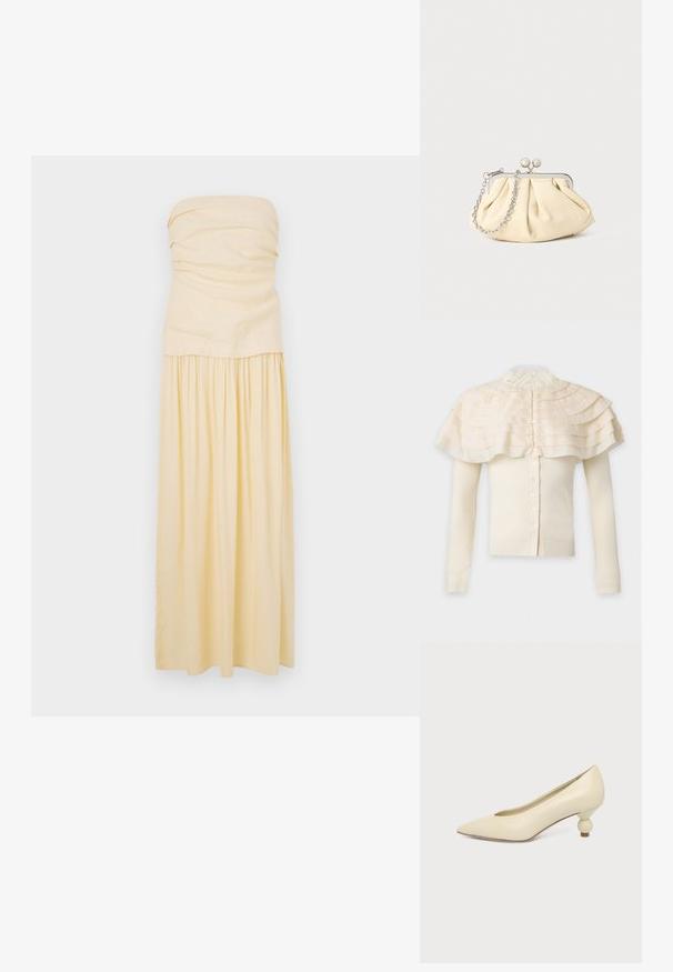 Cardigan crème à manches longues avec fermeture boutonnée et détail de cape à volants superposés autour des épaules et col haut en dentelle.; Robe sans bretelles, longueur sol en coton jaune clair. Corsage froncé avec jupe plissée pour un tombé doux. Texture lisse et design minimal.; Chaussure femme couleur crème à bout pointu avec un petit talon rond en forme de boule, sur fond uni.; Pochette en cuir beige plissé avec un cadre en métal argenté, dotée de deux fermoirs ronds décoratifs et d'une chaîne en argent.