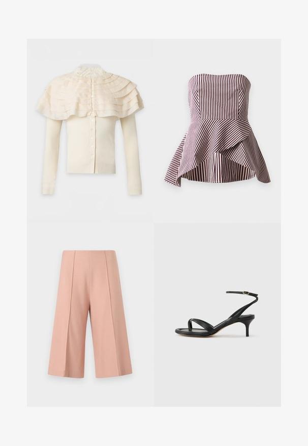 Crèmekleurige lange mouwen cardigan met knoopsluiting voor en gelaagde geplooide capedetail rond de schouders en een hoge kanten kraag.; Strapless peplum top in donkerrood en crèmekleurige strepen, met een getailleerde top en een uitlopende, gelaagde zoom voor extra textuur.; AERON PEN - Shorts - mottled pink; Zwarte leren dames sandaal met dunne bandjes, een teengreep, een enkelgesp en een stilettohak van gemiddelde hoogte op een neutrale achtergrond.