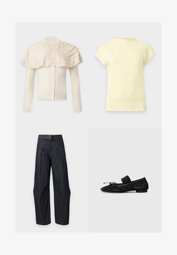 Cardigan crème à manches longues avec fermeture boutonnée et détail de cape à volants superposés autour des épaules et col haut en dentelle.; T-shirt jaune clair à manches courtes avec un col rond, présenté sur un fond gris clair neutre.; Pantalon large en denim foncé taille haute avec plis à l’avant, surpiqûres contrastées et ceinture assortie en tissu avec boucle rectangulaire.; Chaussure plate noire avec un bout pointu, fabriquée en tissu texturé, avec un accent à nœud et un petit talon rond. Sangle élastique au niveau de la cheville.