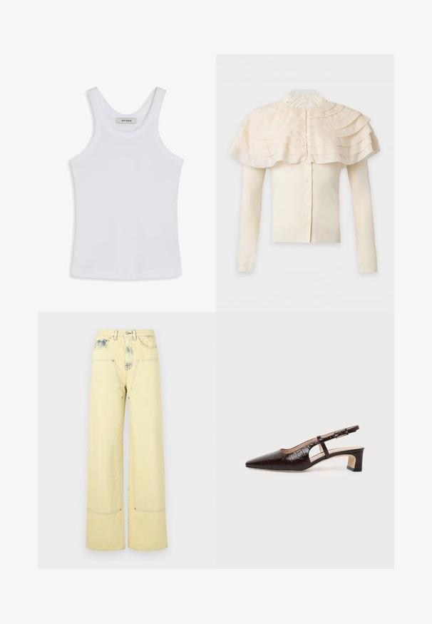 Cardigan crème à manches longues avec fermeture boutonnée et détail de cape à volants superposés autour des épaules et col haut en dentelle.; Débardeur blanc en tissu lisse, avec un col rond et des bretelles larges, comportant une étiquette à l'intérieur indiquant "IVY OAK".; Jean jaune à jambes larges avec accents décolorés, poches avant et ferrures argentées. Conçu avec un tissu en coton lisse et texturé.; Chaussure slingback en cuir marron foncé à texture crocodile, bout pointu, talon bas bloc et bride ajustable avec boucle dorée.