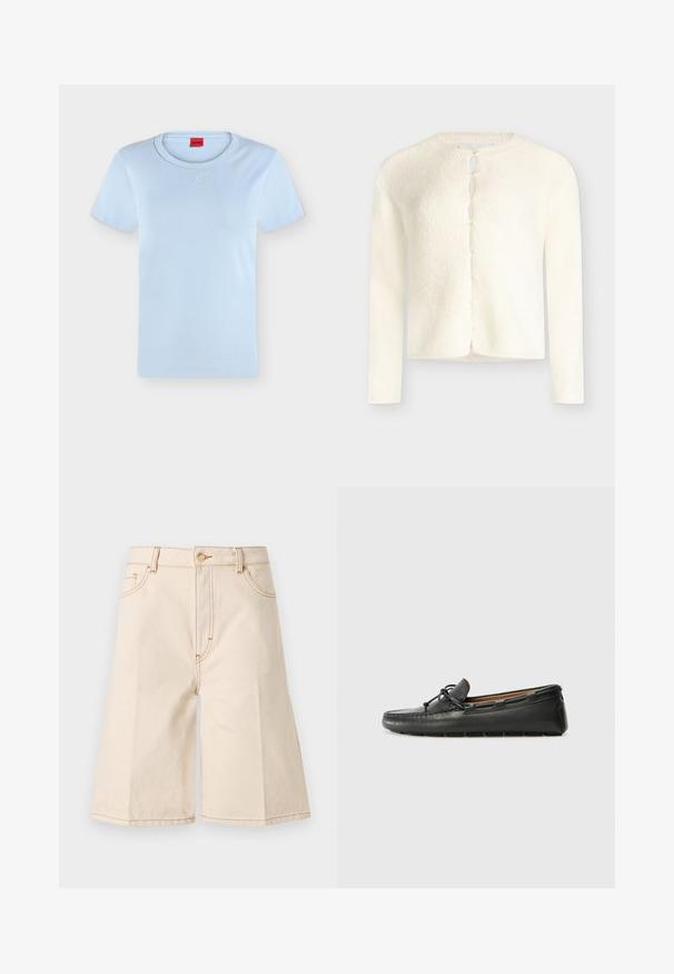 Cardigan à manches longues de couleur crème avec encolure ronde, boutons nacrés sur le devant et tissu tricoté doux et texturé.; T-shirt bleu clair à manches courtes avec col rond et logo "HUGO" en relief subtil centré sous le col, ainsi qu'une étiquette intérieure rouge.; Shorts en denim beige taille haute longueur au genou avec bouton et fermeture éclair à l'avant, passants pour ceinture, ainsi que poches latérales et poche monnaie.; Bateau en cuir noir avec un bout arrondi, des détails de couture, un petit accent en nœud et une semelle en caoutchouc. Texture lisse et design épuré.