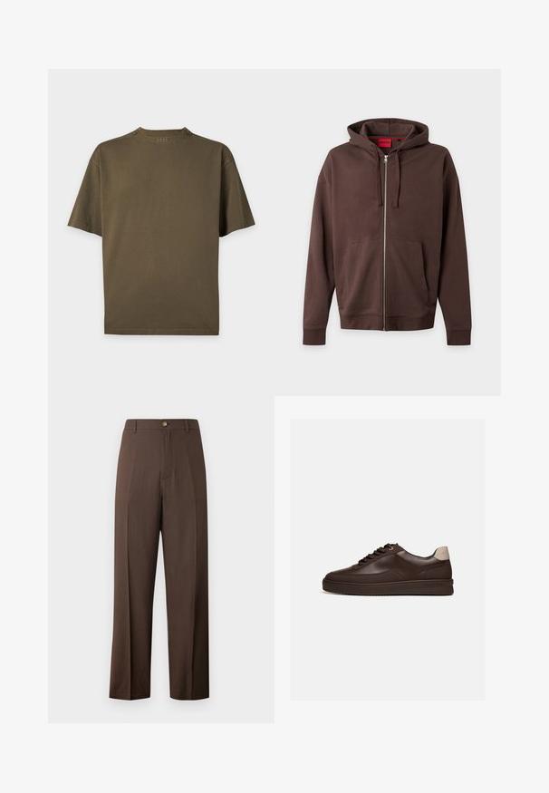 Sweat à capuche marron zipper avec poches avant et cordon à la capuche, montrant une étiquette rouge à l'intérieur du col avec la marque "HUGO".; T-shirt uni vert olive à manches courtes, col rond et petit logo "BOSS" à l'arrière du col.; Pantalon marron taille haute à jambes droites avec fermeture à bouton et zip, passants de ceinture et devant lisse sur fond blanc.; Baskets en cuir marron foncé à profil bas avec une semelle rainurée et une languette beige clair au talon, vues de côté sur fond blanc.