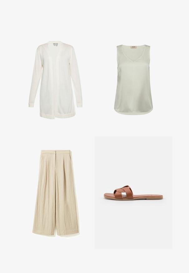 Cardigan léger à manches longues en crème, avec un devant ouvert, des poignets côtelés et une texture douce, idéal pour le superposition.; Blouse sans manches en satin beige clair avec encolure en V et ourlet arrondi, comportant une petite étiquette à l'arrière du col intérieur.; Pantalon beige à jambes larges avec une taille haute, des plis sur le devant, et une fermeture boutonnée et zippée dissimulée.; Sandales plates marron en cuir lisse avec un design à brides croisées, dotées d'une semelle plate et d'un style minimaliste.