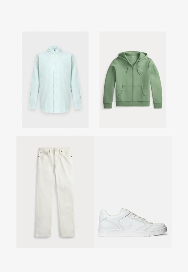 Svetlozelená mikina s kapucňou na zips, predné vrecká, sťahovacia šnúrka na kapucni a malé biele logo Polo Ralph Lauren na hrudi.; Svetlomodrá košeľa s dlhým rukávom, gombíková, golier s gombíkmi, biele gombíky a zakrivený lem na neutrálnej farbe pozadia.; Biele džínsové nohavice so strižením rovného strihu, s piatimi vreckami, kovovými gombíkmi a švovými akcentmi. Hladká textúra.; Biele kožené tenisky s hladkým povrchom, obsahujúce perforovanú špičku, šnúrkové uzatvorenie a vyšívané logo na boku. Biela gumová podrážka.