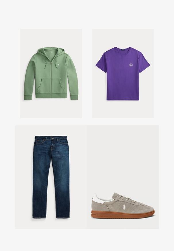 Vaaleanvihreä vetoketjullinen huppari, jossa etutaskut, kiristysnyörillinen huppu ja pieni valkoinen Polo Ralph Lauren -logo rinnassa.; Violetti puuvillainen T-paita, jossa on lyhyet hihat, pyöreä pääntie ja pieni valkoinen Polo-logo vasemmassa rinnassa. Sileä kangaspinta.; Tummansiniset farkut, joissa on hieman haalistumat reisiä ja taskuja kohden, napillinen ja vetoketjullinen suljenta sekä viisitäppinen taskumalli, aseteltu tasaiselle valkoiselle taustalle.; Harmaa mokkanahkainen tennari, jossa on valkoiset nahkaosat, pyöreä kärki, sävyyn sopivat nauhat ja ruskea kumipohja. Sivussa on brodeerattu logo.