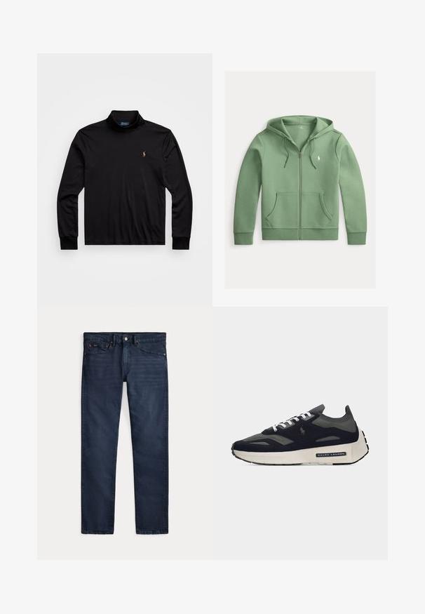 Svetlozelená mikina s kapucňou na zips, predné vrecká, sťahovacia šnúrka na kapucni a malé biele logo Polo Ralph Lauren na hrudi.; Čierna dlhá polo košeľa s vysokým golierom, vyrobená z hladkej tkaniny, so malým vyšitým logom na ľavej hrudi.; Tmavomodré denimové rifle so slim fit strihom, predným zapínaním na gombíky a zips, s dizajnom s piatimi vreckami, položené na bielom pozadí.; Pánska čierna a tmavosivá teniska s bielymi šnúrkami, hrubou bielou podrážkou a logom Ralph Lauren na strane.