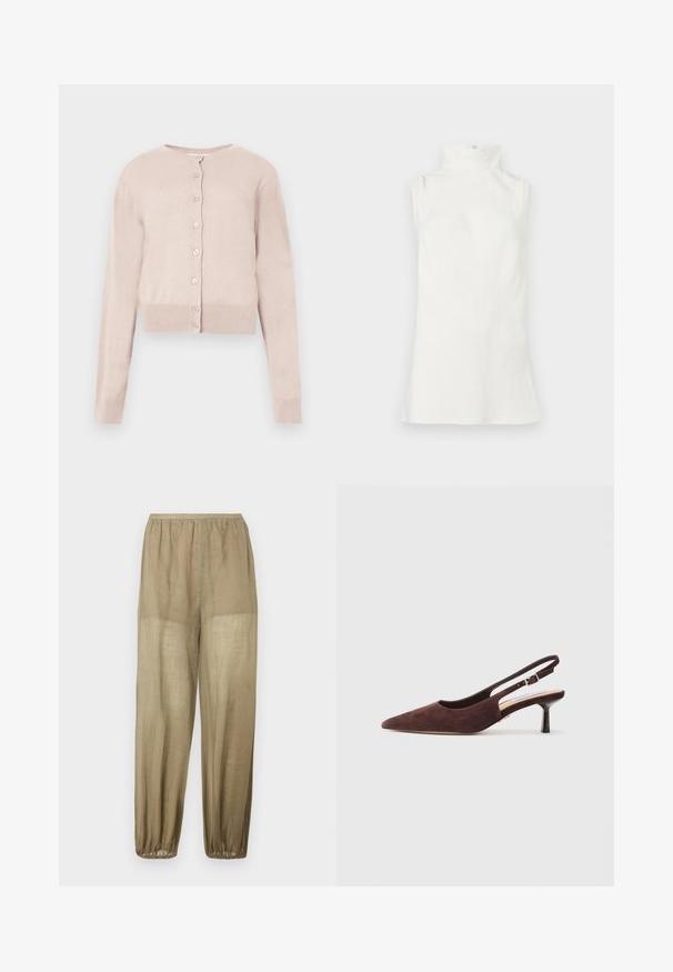 Cardigan court rose clair à boutons, manches longues avec poignets et ourlet côtelés, présenté sur un fond blanc.; Haut sans manches à col roulé blanc en tissu doux. Dispose d'un col haut et d'un ourlet légèrement évasé sans motifs ni ornements visibles.; Pantalon en lin beige léger et ample avec une taille élastique et des poignets élastiques aux chevilles.; Chaussures slingback en suédine brune avec un bout pointu et un talon fin. Elles disposent d'une bride réglable avec une boucle en métal.