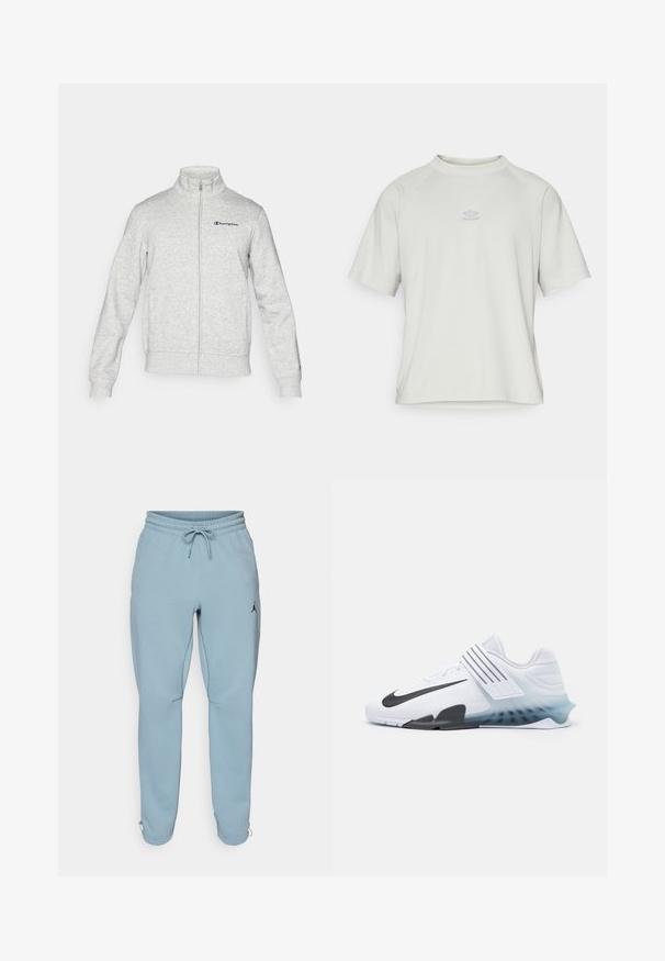 Chaqueta gris claro con cremallera y cuello alto, con el logo de Champion bordado en el pecho izquierdo y un pequeño logo en el puño de la manga izquierda.; Umbro WASHED HIGH NECK BOXY TEE - Camiseta básica - harbor mist; Pantalones deportivos de un azul claro, confeccionados en una tela suave, con una waistband elástica y cordón, bolsillos laterales y un pequeño logo negro en el muslo.; Zapato atlético blanco con el logotipo negro de Nike, parte superior de malla, tres franjas negras y una suela con degradado de azul a transparente. Presenta acentos reforzados.