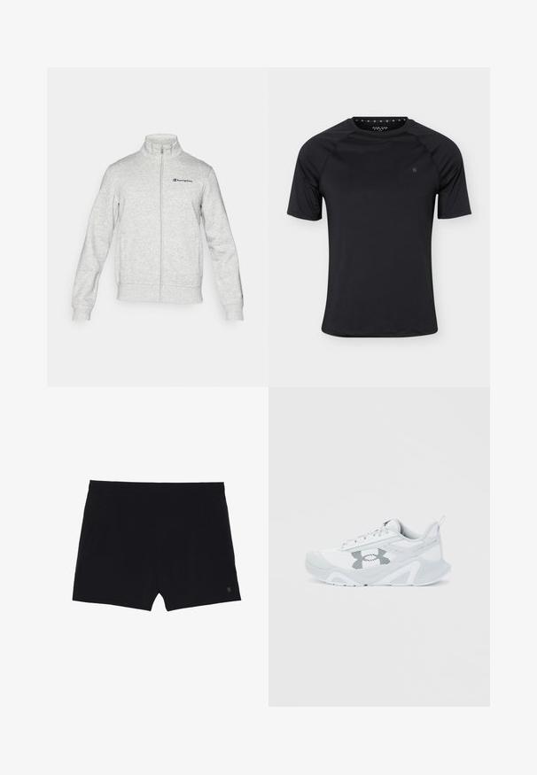 Veste zippée gris clair avec col montant, logo Champion brodé sur la poitrine gauche et petit logo sur le poignet de la manche gauche.; T-shirt de sport noir à manches courtes avec col rond et petit logo sur la poitrine gauche, présenté sur un fond clair uni.; Shorts de sport noirs avec une texture lisse, une taille élastique et deux poches latérales. Présente un petit logo sur le bas à droite.; Baskets blanches de sport avec des accents gris, une semelle épaisse, un design à lacets et un logo rayé noir sur le côté, vues de profil.