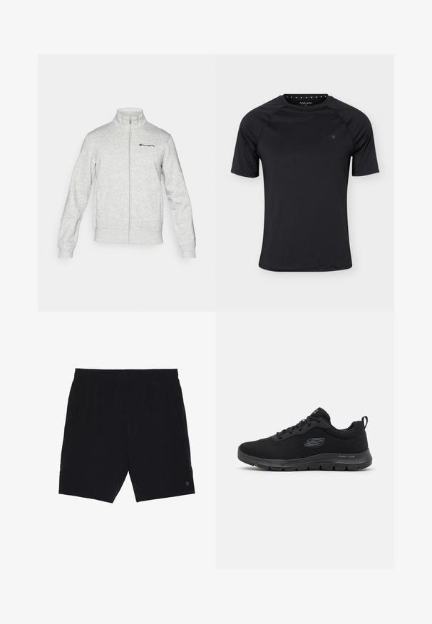 Hellgraue Zip-Up-Jacke mit Stehkragen und dem Champion-Logo auf der linken Brust sowie einem kleinen Logo am linken Ärmelbündchen bestickt.; Schwarzes kurzärmeliges Sport-T-Shirt mit Rundhalsausschnitt und kleinem Logo auf der linken Brust, dargestellt auf einfachem hellem Hintergrund.; Schwarze Shorts aus leichtem Material mit einem elastischen Bund, zwei seitlichen Taschen und einem kleinen Logo auf der unteren rechten Seite.; Schwarzer Sportschuh mit einem Obermaterial aus Netzgewebe, runder Zehenpartie, Schnürdesign und strukturiertem Sohlenbereich. Verfügt über ein Logo an der Seite und eine Schlaufe an der Ferse.