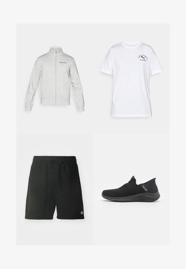 Lysegrå jakke med lynlås og opretstående krave samt Champion-logo broderet på venstre bryst og lille logo på venstre ærmekant.; Hvid bomulds-T-shirt med rund halsudskæring og korte ærmer. Har sort logo tekst og grafik på venstre side. Enkel, uredigeret design.; Sorte bomulds sportsbukser med elastisk talje, justerbar snøre og logo detajle på nederste venstre ben. Glat tekstur.; Svarte slip-on sko med en åndbar mesh overdel, struktureret design, fleksibel sål og en glat, polstret indersål.