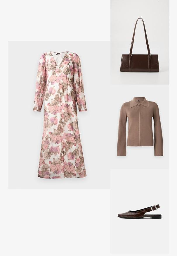 Brun zip-up cardigan med krave, lange ærmer, ribbet tekstur og en tætsiddende silhuet. Minimalistisk design uden synlig branding eller mønstre.; Lang blomsterkjole med pink, lilla og beige blomster, lange pufærmer, V-halsudskæring og knaplukning foran.; Mørkebrun læderslingback flad sko med firkantet tå, krokodille tekstur og sølvspænde på remmen.; Brun lakeret håndtaske med rektangulær form, to lange håndtag og subtile buede detaljer på fronten.
