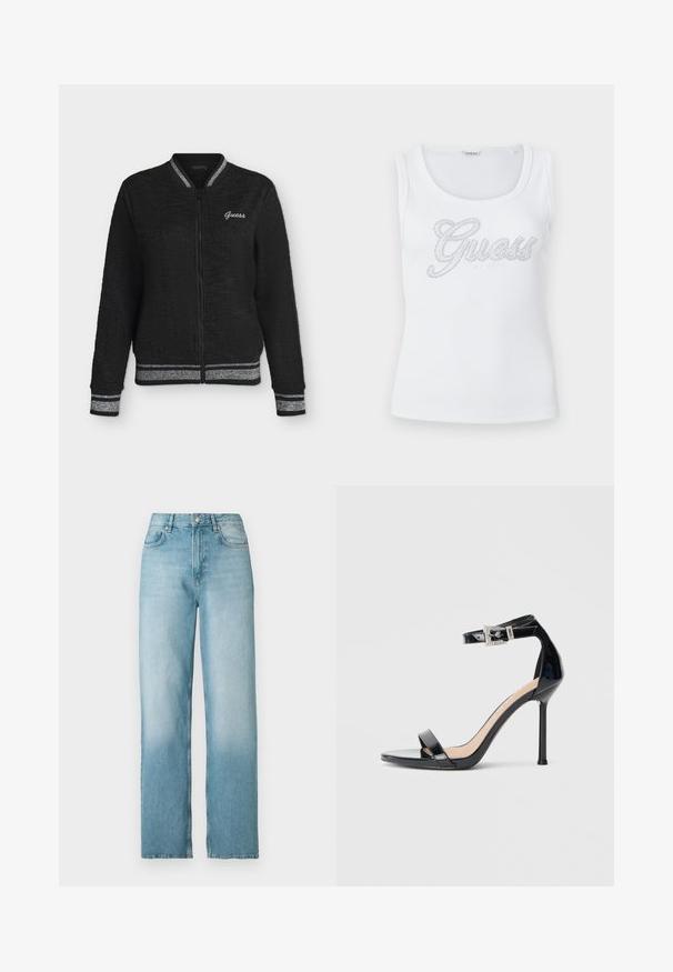 Chaqueta bomber negra con cremallera, tejido texturizado, puños y bajo acanalados con rayas plateadas, y logo "Guess" en el pecho izquierdo.; Top blanco sin mangas de punto acanalado con escote redondo y logo decorativo "Guess" hecho de pequeñas cuentas plateadas en el pecho.; Vaqueros de mezclilla azul claro de tiro alto y pierna recta con botón y cremallera delanteros, bolsillos delanteros y traseros, exhibidos sobre un fondo blanco.; Sandalia de tacón alto en piel sintética negra con correa en el tobillo. Presenta un diseño minimalista, punta abierta y una hebilla con detalles de pedrería.