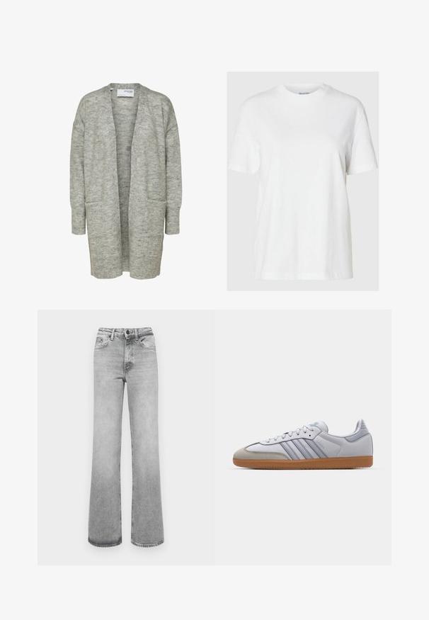 Lange grijze opengewerkte cardigan met lange mouwen en twee voorzakken, getoond op een witte achtergrond.; Witte katoenen t-shirt met korte mouwen en een ronde halslijn. Heeft een relaxte pasvorm en een minimalistisch ontwerp zonder patronen of accenten.; Lichtgrijze vervaagde rechte spijkerbroek met voorzakken, riemlussen en een knoop- en ritssluiting.; Witte leren sneakers met lichtblauwe accenten, grijs suède neus en een bruine rubberen zool. Voorzien van drie blauwe strepen en "Samba"-branding.