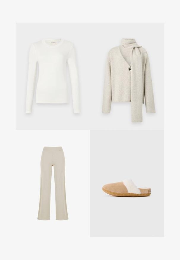 Cardigan de punto beige claro con mangas largas, escote en V, un botón grande y una bufanda adjunta que se lleva sobre un hombro.; Camiseta blanca de manga larga hecha de tela suave, con un cuello redondo y una silueta ajustada. Diseño minimalista sin patrones ni acentos.; Pantalones de pierna ancha beige con una suave textura acanalada, cinturilla elástica y sin adornos visibles, que ofrecen una silueta relajada.; Zapatilla deslizante de ante marrón con forro blanco esponjoso y suela de goma, mostrada de perfil lateral sobre fondo blanco.