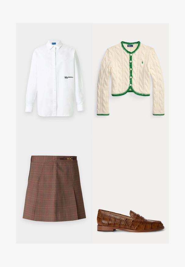 Crèmekleurige kabelgebreide cardigan met groene bies en knopen, lange mouwen en een klein groen logo op de linkerborst.; Witte overhemd met lange mouwen en knopen, met kraag en zwarte tekstlogo "KARL LAGERFELD JEANS" op de linkerborst.; Bruin geruit rokje met oranje accenten, voorzien van een geplooid ontwerp, een aansluitende taille en een decoratieve gouden hardware detail op de riem.; Bruine leren loafer met krokodillenpatroon, lage houten hak en een riem over de bovenkant, getoond tegen een effen achtergrond.
