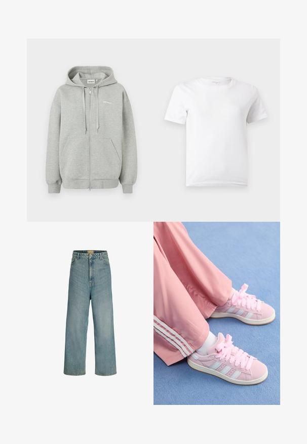 Sudadera gris con cremallera, hecha de una suave mezcla de algodón, que cuenta con una cremallera frontal, dos bolsillos laterales y puños y dobladillo de canalé. Detalle de logo minimalista.; Camiseta blanca lisa de manga corta con cuello redondo mostrada sobre un fondo gris claro.; Vaqueros de pierna ancha y tiro alto en azul claro, con cierre frontal de botones, trabillas para cinturón y diseño clásico de cinco bolsillos.; Zapatillas deportivas rosas con rayas azul claro, puntera redonda y cordones gruesos rosas, combinadas con pantalones de chándal rosas que tienen rayas laterales blancas.