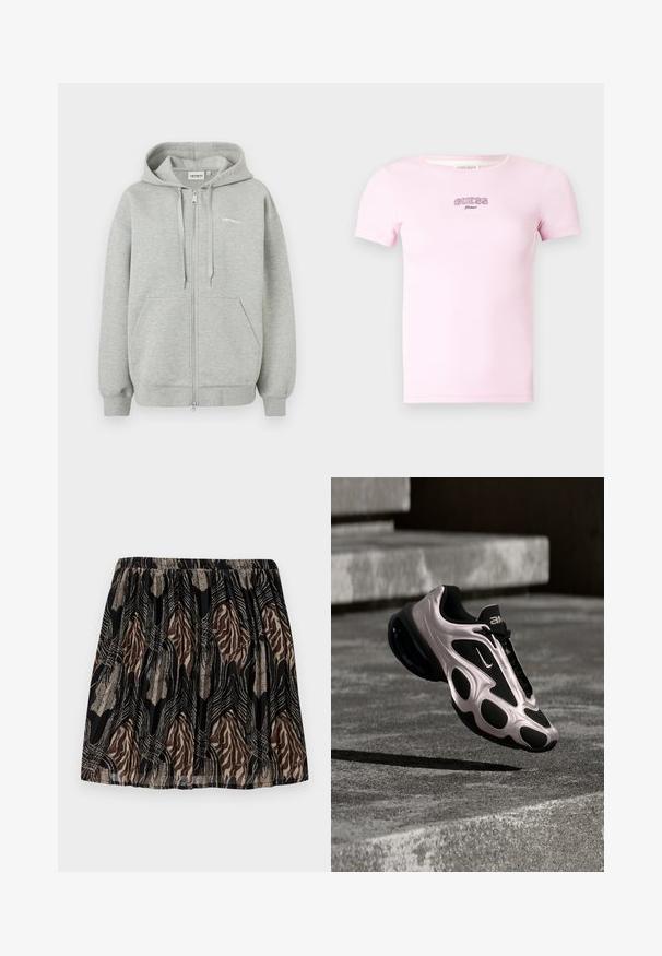 Sudadera gris con cremallera, hecha de una suave mezcla de algodón, que cuenta con una cremallera frontal, dos bolsillos laterales y puños y dobladillo de canalé. Detalle de logo minimalista.; Camiseta acanalada rosa claro con mangas cortas y cuello redondo. Presenta un logo bordado de "GUESS Jeans" en la parte delantera.; Falda negra con una cintura fruncida, que presenta un patrón abstracto en tonos marrón y beige, acentuada con líneas y texturas metálicas.; Zapatilla moderna de Nike con diseño plateado y negro en el aire sobre una superficie de hormigón y escalones al fondo.