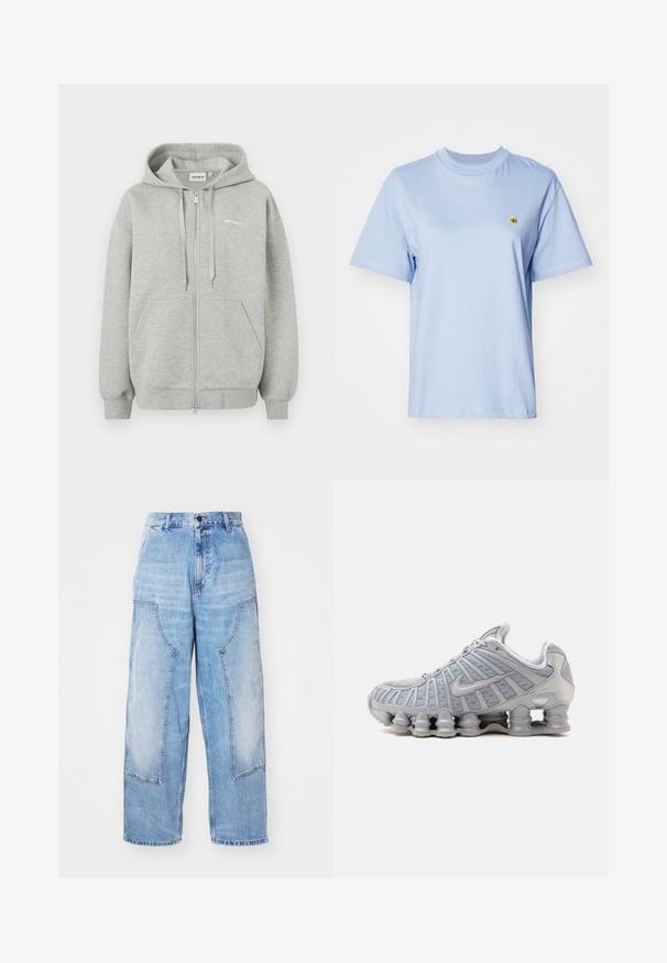 Grå zip-up hoodie lavet af blød bomuldsblanding, med frontlynlås, to sidelommer og ribbede manchetter og kant. Minimal logo detalje.; Lys blå bomulds t-shirt med korte ærmer, rund halsudskæring og lille gul broderet logo på brystet. Blød tekstur, afslappet pasform.; Lysblå denim bredbenede bukser med to store forlommer, en knaplukning og subtil falming. Syninger på lommedetaljerne.; Grå Nike løbesko med synlige fjederlignende sålstøtter og mesh-overdel, vist fra siden mod en hvid baggrund.