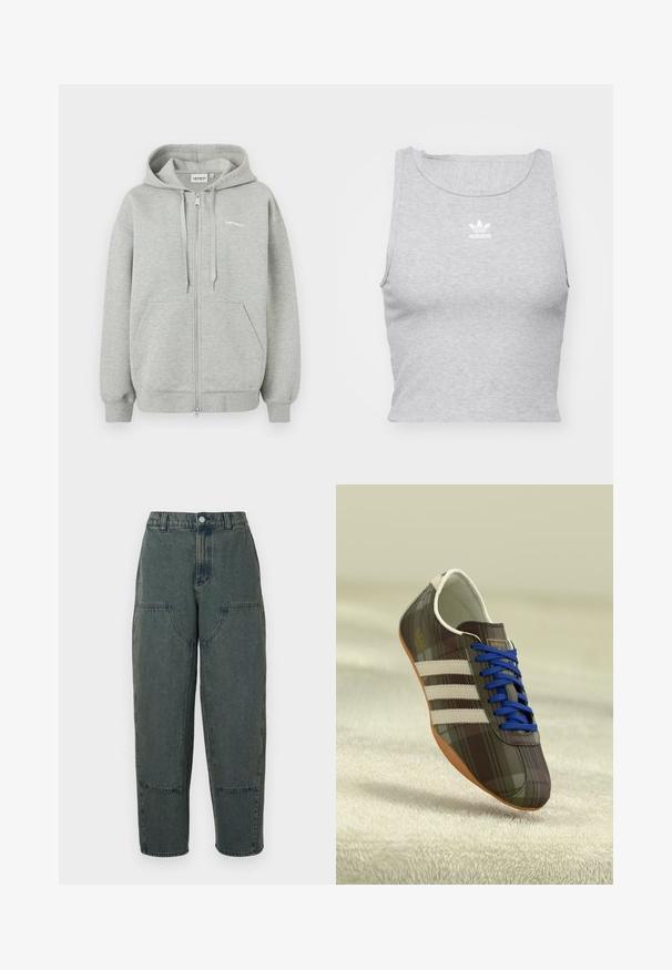 Grau zip-up Hoodie aus einer weichen Baumwollmischung, mit einem Front-Reißverschluss, zwei seitlichen Taschen und gerippten Bündchen und Saum. Minimales Logo-Detail.; Graues, ärmelloses Crop-Top aus weichem Stoff, mit Rundhalsausschnitt und kleinem weißen Adidas-Logo auf der Brust.; Dunkelblaue Denim-Hosen mit lässiger Passform, ausgestattet mit Seitentaschen und kontrastierenden Nähten. Der Stoff hat eine leicht verblasste Textur.; Braune karierten Sportschuhe mit blauen Schnürsenkeln, drei weißen Streifen und einer glatten Oberfläche, ausgestattet mit einer hellbraunen Gummisohle.