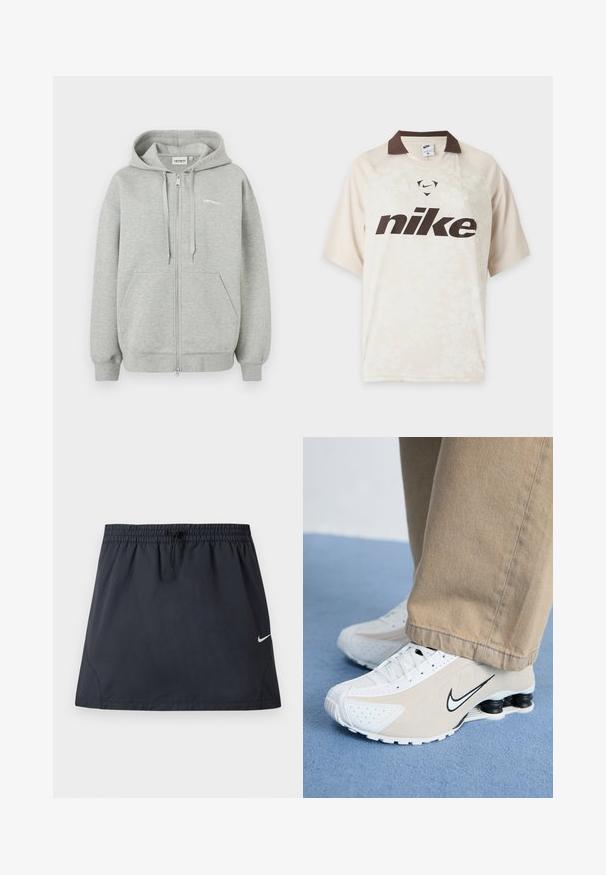 Grå zip-up hoodie lavet af blød bomuldsblanding, med frontlynlås, to sidelommer og ribbede manchetter og kant. Minimal logo detalje.; Lysebeige Nike t-shirt med korte ærmer, mørkebrun krave og stort mørkebrun Nike-logo på forsiden.; Sort atletisk nederdel med elastisk taljebånd og justerbar snøre, med en lille hvid Nike swoosh-logo på højre side.; Hvide og beige Nike sneakers med perforeret design, sort swoosh-logo, tekstureret overdel og en karakteristisk fjederlignende sort hæl.