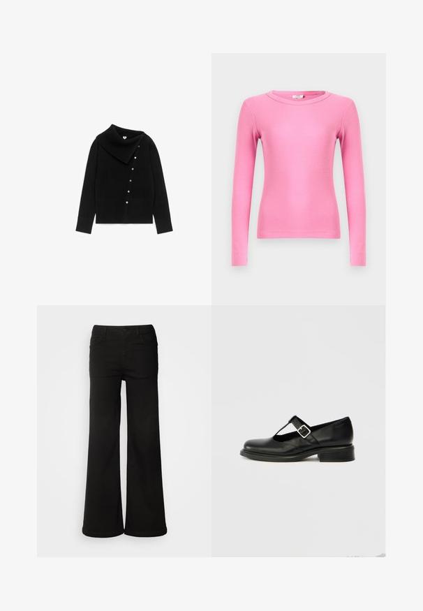 Sort trøje med bred ribbet krave, asymmetrisk design og knaplukning på den ene side. Har ribbede manchetter og kant. Blød tekstur.; Langærmet tætsiddende top i levende pink ribstrikket stof med rund halsudskæring og sømløse manchetter for en glat finish.; Sorte brede bukser lavet af denimstof, med frontlommer, knaplukning og en glat tekstur med en ren finish.; Sort Mary Jane-sko i læder med rund tå, T-remdesign, justerbar spænde og lav stablet hæl. Glat tekstur med minimal detaljering.
