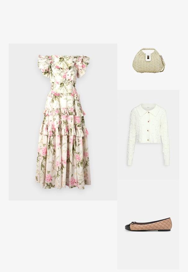 Glamorous POM POM CROP CARDIGAN WITH COLLAR AND LONG SLEEVES - Jersey de punto - cream; Vestido maxi floral con mangas ruffled sin hombros, diseño en capas, fondo crema, patrón de rosas rosas y acentos de follaje verde.; Pretty Ballerinas Bailarinas - black/beige; Bolso de mano de paja tejida con forma curva, cierre de cuero blanco, asa pequeña y correa de hombro desmontable con cierre dorado.