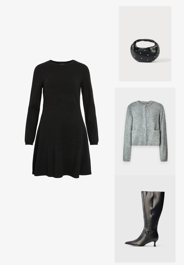 Lichtgrijze gebreide cardigan met een ronde halslijn, knoopsluiting aan de voorkant, lange mouwen en twee voorzakken. Zachte textuur en subtiel patroon.; Zwart langetermijnjurk van gebreid materiaal, met een ronde halslijn en een uitlopende zoom, die een eenvoudige en aansluitende silhouet biedt.; Zwarte leren kniehoge laars met puntige neus en lage kittenhak, weergegeven op een effen lichte achtergrond.; Zwarte leren handtas met een afgeronde vorm, versierd met zilveren studs, en een korte handgreep. Gladde textuur en ritsluiting.