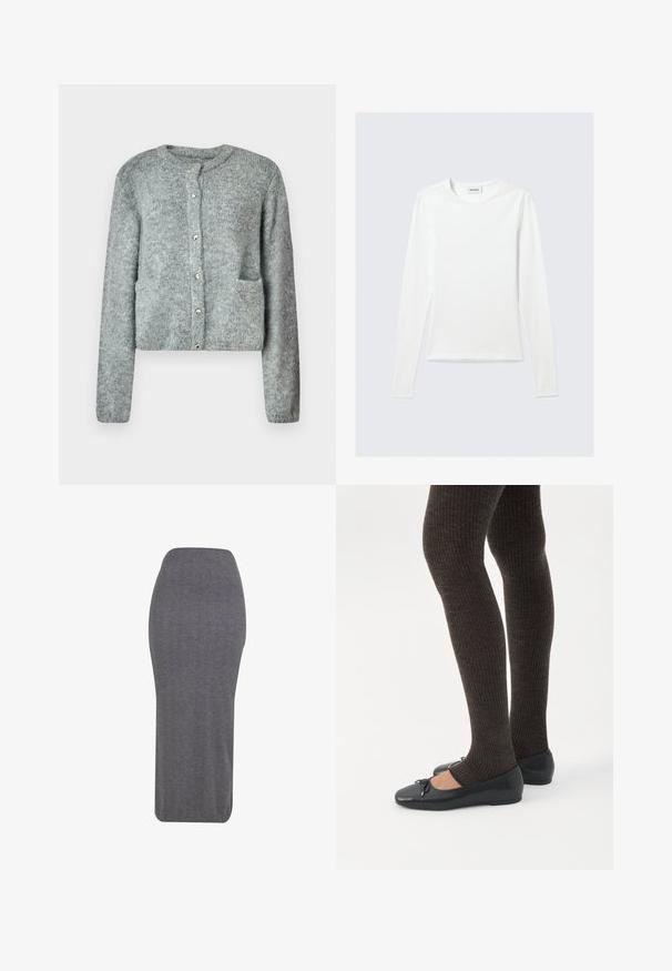 Cardigan en tricot gris clair avec un col rond, une fermeture à boutons, des manches longues et deux poches avant. Texture douce et motif subtil.; T-shirt blanc uni à manches longues avec col rond et coupe slim, présenté sur un fond gris clair.; Jupe crayon grise en tissu texturé, avec une silhouette ajustée, taille haute et coupe à mi-mollet. Finition lisse sans détails visibles.; Jambes portant des leggings côtelés foncés associés à des ballerines noires avec de petits détails en nœud sur fond blanc.
