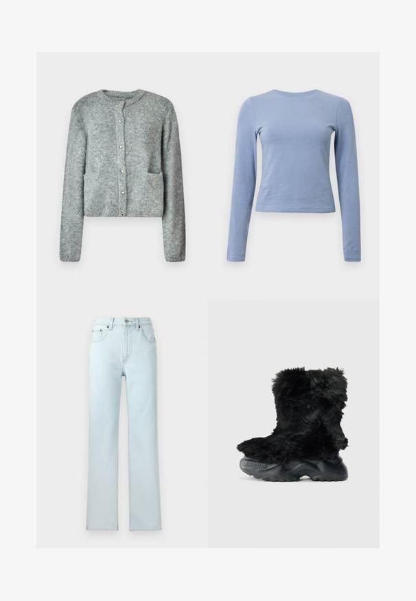Cardigan en tricot gris clair avec un col rond, une fermeture à boutons, des manches longues et deux poches avant. Texture douce et motif subtil.; Chemise à manches longues bleu clair en coton doux. Dotée d'un col rond et d'une silhouette ajustée avec une texture lisse.; Jean en denim bleu clair avec une coupe droite, comportant cinq poches, des passants de ceinture et une fermeture à bouton à la taille.; Bottines noires en fourrure avec un dessus texturé, dotées d'une épaisse semelle en caoutchouc noir et d'un motif cranté pour une bonne adhérence et stabilité.