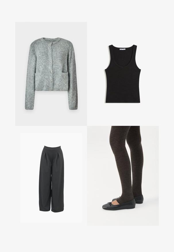 Cardigan en tricot gris clair avec un col rond, une fermeture à boutons, des manches longues et deux poches avant. Texture douce et motif subtil.; Débardeur noir côtelé sans manches avec une encolure dégagée, posé à plat sur un fond blanc.; Pantalons évasés en gris foncé, avec une taille haute, des plis avant et une texture de tissu lisse. Conception ajustée avec une coupe décontractée.; Jambes portant des leggings côtelés foncés associés à des ballerines noires avec de petits détails en nœud sur fond blanc.
