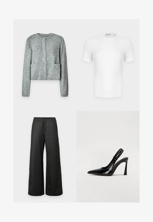 Lysegrå strikket cardigan med rund halsudskæring, knaplukning foran, lange ærmer og to forlommer. Blød tekstur og subtilt mønster.; Hvid ribstrikket T-shirt med korte ærmer, rund hals og tætsiddende pasform samt en lille mærkeetiket inde i kraven.; Sorte bredbenede bukser med forlommer og høj talje, lavet af et glat stof, præsenteret mod en ensfarvet lys baggrund.; Sorte patenterede lædersædler med spidse tæer, slank høj hæl og dobbelt elastisk rem for sikker pasform. Glat, skinnende overflade.