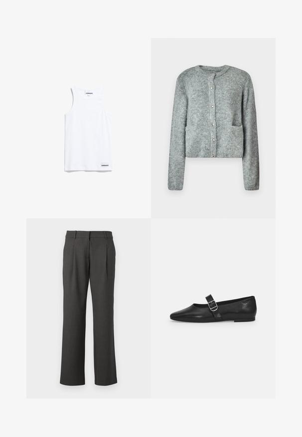 Lichtgrijze gebreide cardigan met een ronde halslijn, knoopsluiting aan de voorkant, lange mouwen en twee voorzakken. Zachte textuur en subtiel patroon.; Witte tanktop gemaakt van katoen. Voorzien van brede schouderbanden en een ronde halslijn. Inclusief een klein merkje aan de onderkant links.; Donkergrijze formele broeken met rechte pijpen, ceintuurlussen en voorplooien, tegen een witte achtergrond weergegeven.; Zwarte leren platte schoen met een ronde neus, een enkele verstelbare gespsluiting en een gladde, glanzende textuur. Minimalistisch ontwerp met een lage hak.