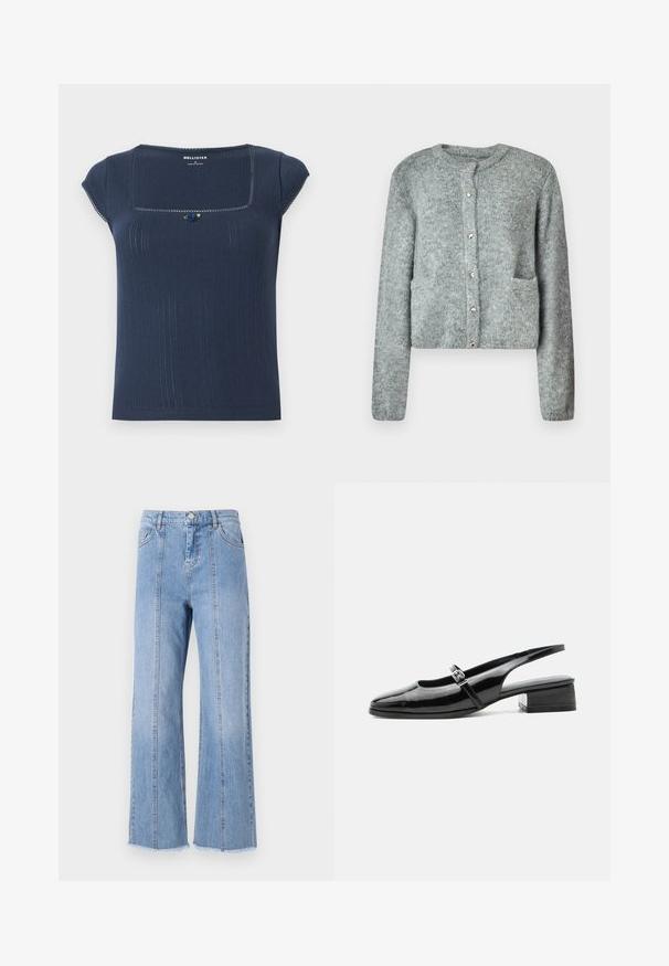 Hele halli kudum cardigan ümmarguse kaeluse, nööpidega ees, pika varrukaga ja kahe eesmise taskuga. Pehme tekstuur ja peen muster.; Tumesinine ribatud topp ruudukujulise dekolteega, lühikeste varrukatega ja dekoratiivse sinise ning rohelise aksendiga dekoltee lähedal.; Heledad sinise denimi laiad püksid kõrge vöökohaga, ees olevate õmblustega ja töödeldud äärtega. Omab klassikalist nööbi ja tõmbe sulgemist vööjoonel.; Mustast lakknahast slingback-king madala plokksandaali ja õhukese rihmaga, millel on peal hõbedane pandlaga kinnis.