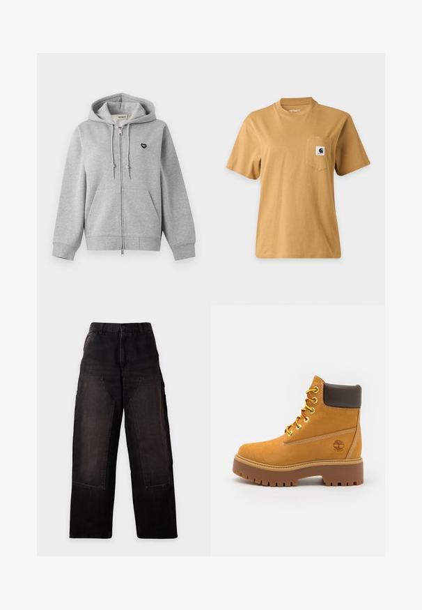 Lysegrå lynlås-hoodie med forlommer, snørede hætte, ribkanter på ærmer og kant, samt et lille sort hjerte-logo på brystet.; Enkelt brun kortærmet t-shirt med en brystlomme med en firkantet mærkelogo-patch, vist på en ensartet lys baggrund.; Sorte vidde bukser med høj talje og store forlommer, vist fladt på en hvid baggrund.; Tan vandtæt ankelstøvle med en robust gummisål, rund tå, brun læderkrave, gule snørebånd og et logo på siden.
