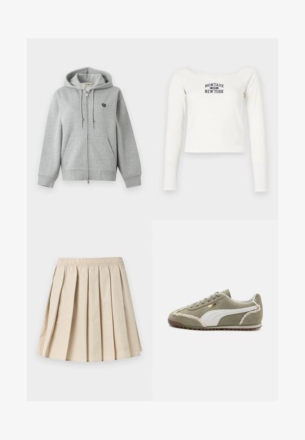 Sudadera con capucha y cremallera en gris claro, con bolsillos delanteros, capucha con cordón, puños y dobladillo acanalados, y un pequeño logo de corazón negro en el pecho.; Top corto blanco de manga larga hecho de tela suave, con un escote ancho y un estampado en color marino que dice "Montauk 1975 New York" en la parte frontal.; Falda beige plisada con cinturilla elástica, de longitud hasta la rodilla, tela lisa, pliegues en caja uniformemente espaciados.; Zapatillas de ante verde con acentos de cuero blanco, costuras texturizadas, parte frontal con cordones y suela de goma. Presenta detalles de diseño únicos a lo largo de los lados.