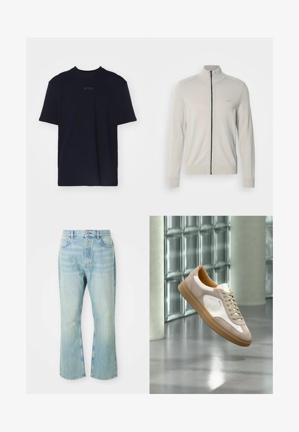 Lysegrå zip-up sweater med høj krave, ribbede manchetter og kant, med et diskret logo på brystet og en kontrasterende sort lynlås.; Marineblå bomulds t-shirt med korte ærmer og rund neckline, prydet med et gråt "BOSS" logo centreret på brystet.; Lysblå denim flared jeans med høj talje, der har fem lommer, bæltestropper og en toned vævning.; Beige og hvid sneaker med tan sål og "BOSS" logo, ophængt over en reflekterende glat gulv med glasblokvæg i baggrunden.