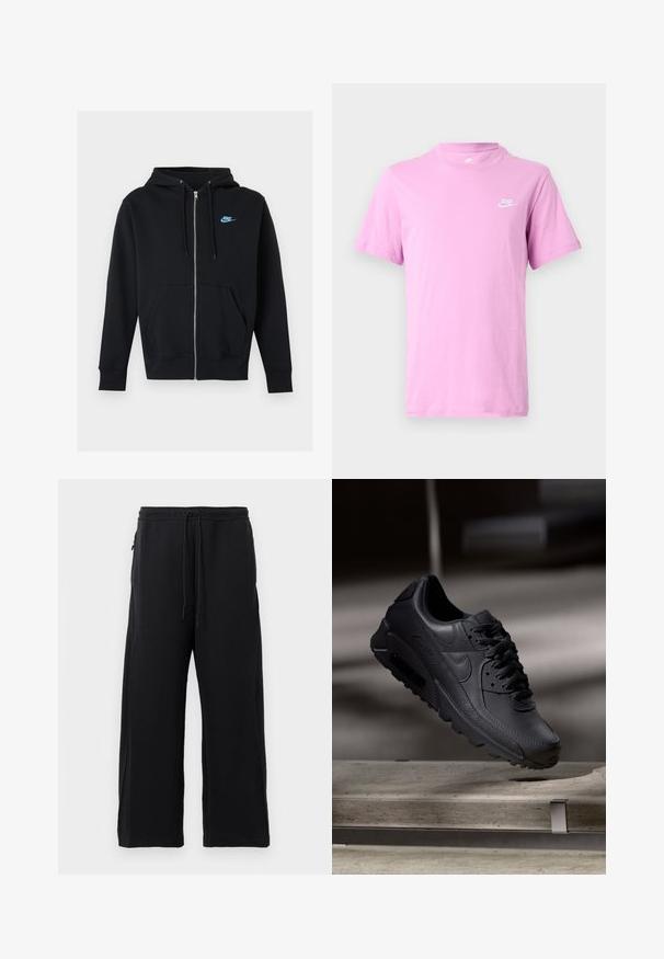 Sweat à capuche noir zippé avec poches avant, cordons sur la capuche et petit logo Nike bleu sur la poitrine gauche.; T-shirt Nike violet clair à manches courtes avec col rond et petit logo blanc Nike sur la poitrine gauche, sur fond blanc.; Pantalons de survêtement noirs en tissu doux, dotés d'une taille avec cordon de serrage, d'une coupe large et de poches latérales avec une texture lisse.; Baskets noirs Nike Air Max avec un dessus en cuir texturé, semelle en caoutchouc et un système de laçage proéminent, mettant en avant un design moderne et épuré.