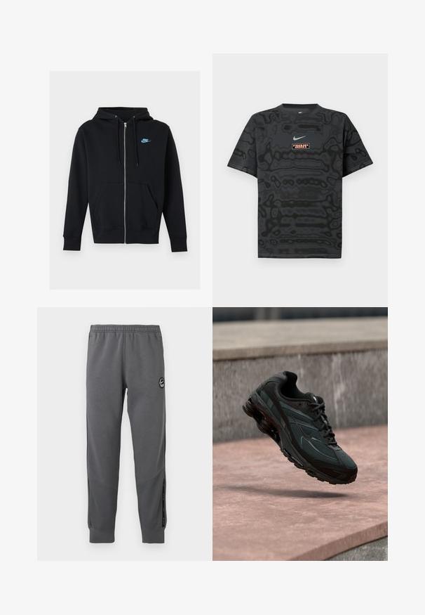 Sort hættetrøje med lynlås, frontlommer, snore i hætten og lille blåt Nike-logo på venstre bryst.; Sort T-shirt med et tekstureret mønster, der har en lille Nike-logo i lyseblå og en rektangulær logo-patch i kontrastfarver.; Grå sweatpants lavet af blødt stof med elastisk talje, tætsiddende ben, sidelommer og en cirkulær logo-patch.; Sort atletisk sneaker med synligt luftdæmpende mellemsål, der svæver over en pink stenoverflade med en grå stenvæg i baggrunden.