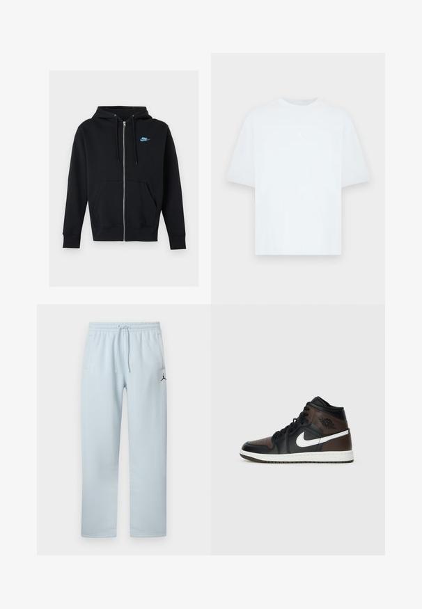 Schwarzer Kapuzenpullover mit Reißverschluss, Vordertaschen, Kordelzug an der Kapuze und kleinem blauem Nike-Logo auf der linken Brust.; Hellblaues kurzärmliges T-Shirt aus Baumwolle mit rundem Ausschnitt. Verfügt über ein kleines weißes Jordan-Logo auf der Brust.; Hellblaue Jogginghose aus weichem Stoff mit elastischem Bund und Kordelzug, zwei Seitentaschen und einem schwarzen Logo-Akzent.; Schwarze und braune High-Top-Sneaker mit Obermaterial aus Leder, weißem Swoosh-Logo, perforierter Zehenpartie und Gummisohle. Mit schwarzen Schnürsenkeln und Kragen.