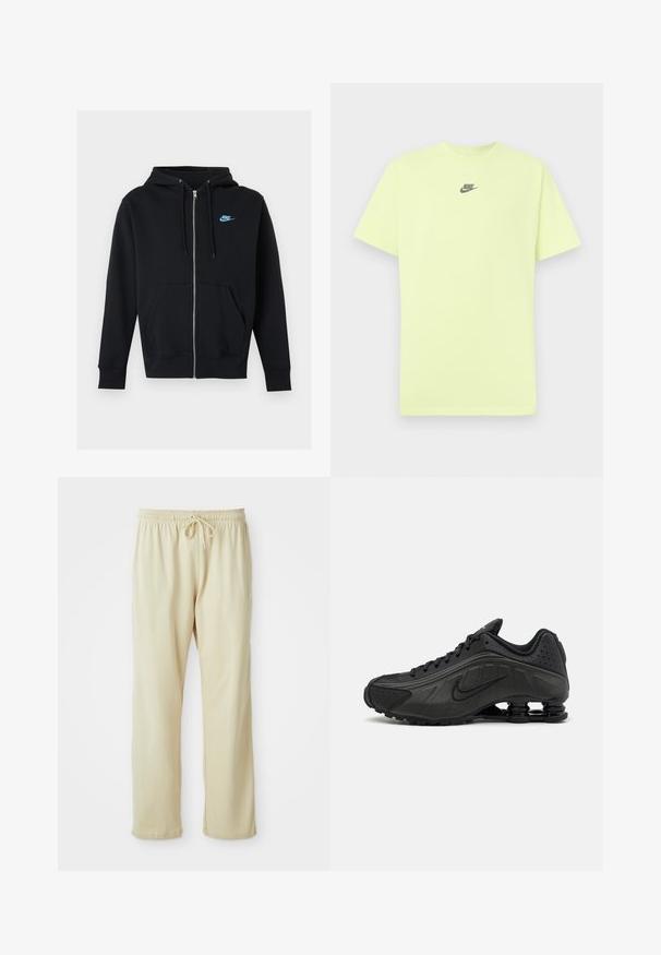 Zwarte hoodie met rits, voorzakken, trekkoorden aan de capuchon en klein blauw Nike-logo op de linkerborst.; Limoengroene korte mouw t-shirt van katoen, met een klein zwart Nike-logo centraal op de borst. Gladde textuur, ronde hals.; Lichtbeige sweatpants met een trekkoord in de taille, taps toelopende pijpen en een zachte textuur. Heeft een subtiel merkje op het onderbeen.; Zwarte hardloopschoenen met een glad bovenwerk van synthetisch materiaal, geperforeerde accenten, gestructureerde zijpanelen en een opvallende veerkrachtige zool.