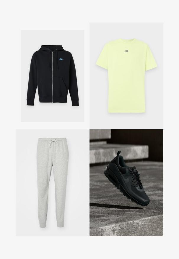 Zwarte hoodie met rits, voorzakken, trekkoorden aan de capuchon en klein blauw Nike-logo op de linkerborst.; Limoengroene korte mouw t-shirt van katoen, met een klein zwart Nike-logo centraal op de borst. Gladde textuur, ronde hals.; Grijze sweatpants gemaakt van zacht materiaal met een elastische tailleband, een trekkoordsluiting en ribgebreide boorden. Voorzien van een klein logo aan de zijkant.; Zwarte Nike Air Max sneaker zwevend in de lucht boven een getextureerde betonnen ondergrond met betonnen traptreden op de achtergrond.