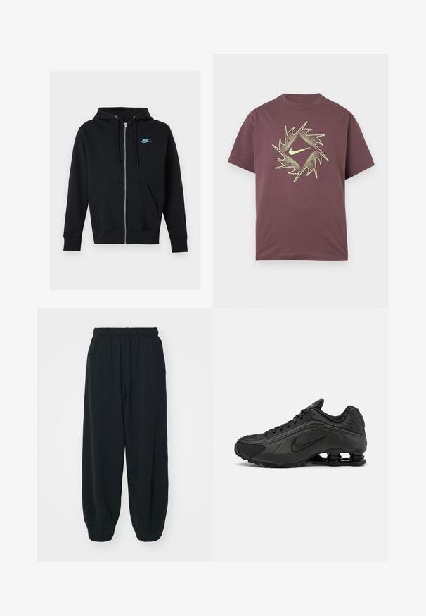 Schwarzer Kapuzenpullover mit Reißverschluss, Vordertaschen, Kordelzug an der Kapuze und kleinem blauem Nike-Logo auf der linken Brust.; Kurzärmeliges weinrotes T-Shirt mit einem neongelben abstrakten, gezackten Kreisdesign und einem zentralen Swoosh-Logo auf der Brust.; Schwarze Sweatpants mit elastischem Bund, lockerer Passform, gerippten Beinabschlüssen, glatter Textur und ohne sichtbare Muster oder Hardware-Akzente.; Schwarze Laufschuhe mit einem glatten synthetischen Obermaterial, durchbrochenen Akzenten, strukturierten Seitenpaneelen und einer ausgeprägten federnden Sohle.